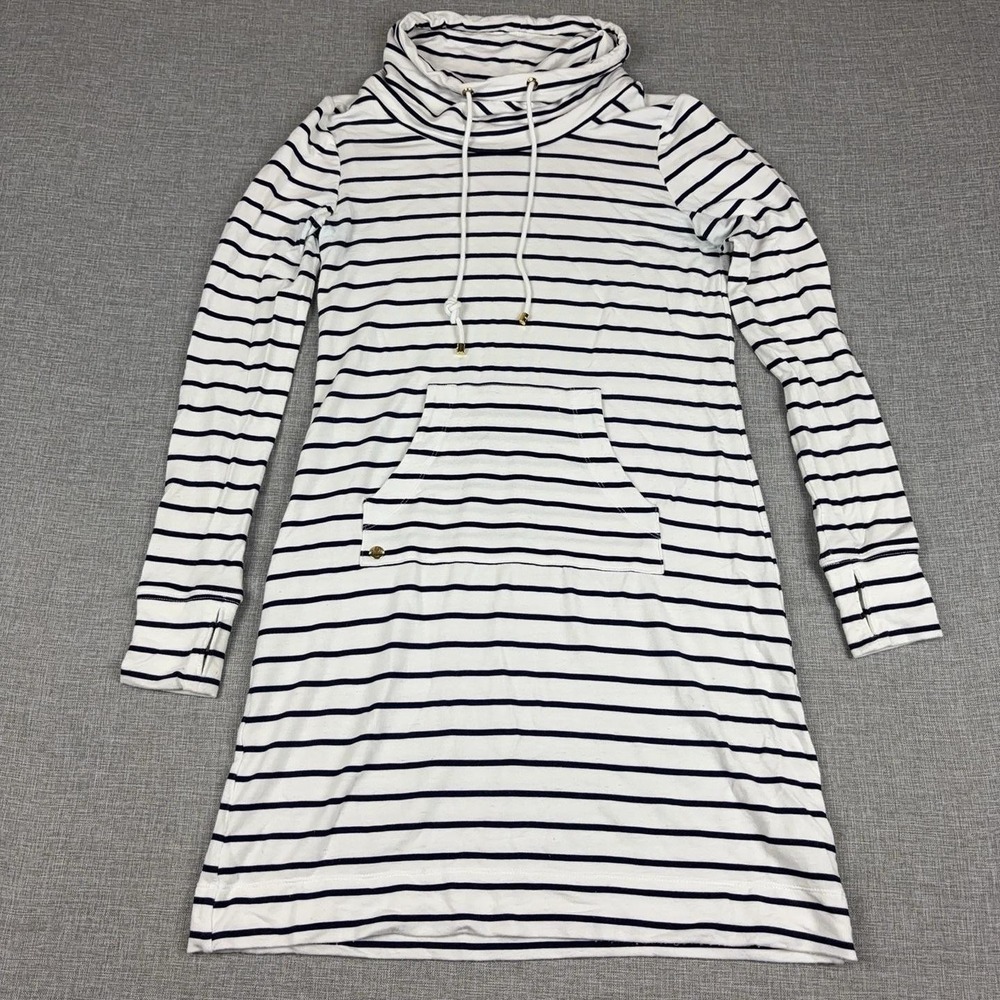 Lilly Pulitzer Hillary Popover Dress Womens XS Navy White Stripe Cowl Modal